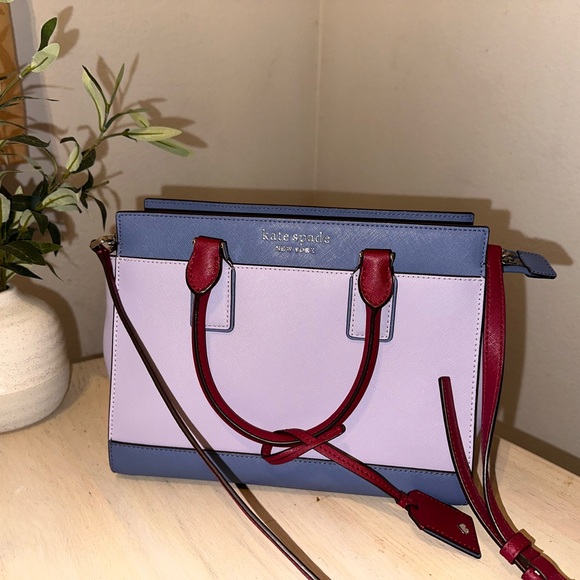 Kate Spade Satchel + Crossbody Strap + Zip Wallet Matching Set Blue Lavender Red - Picture 3 of 9